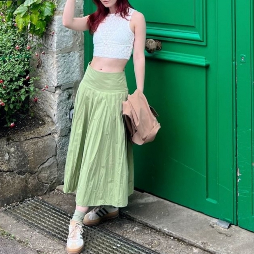 Zara Green Yoke Detail Pleated Skirt ZW Collection Size Large - Picture 6 of 16